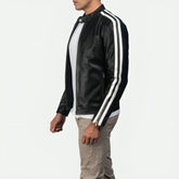 Mens Black Cafe Racer Leather Jacket With White Stripes